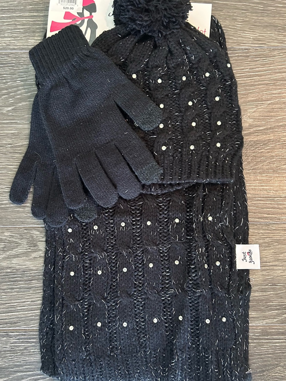 Just Jamie Black Beaded Knit Hat, Scarf & Glove Set